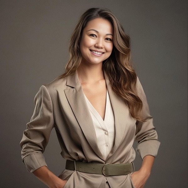 Portrait of Therine Goh, corporate trainer, in a beige blazer smiling confidently