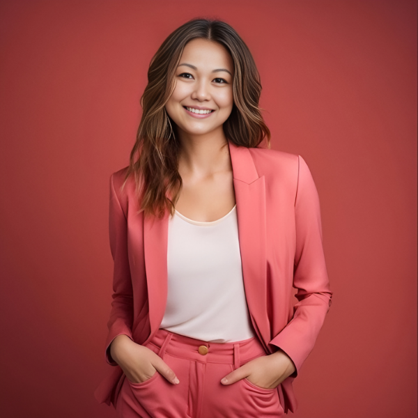 Therine Goh, book author in a pink blazer