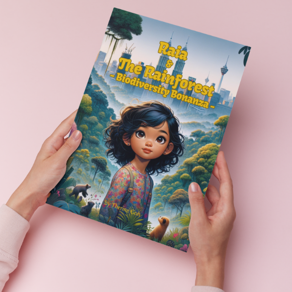 Hands holding Raia & The Rainforest book against a pink background