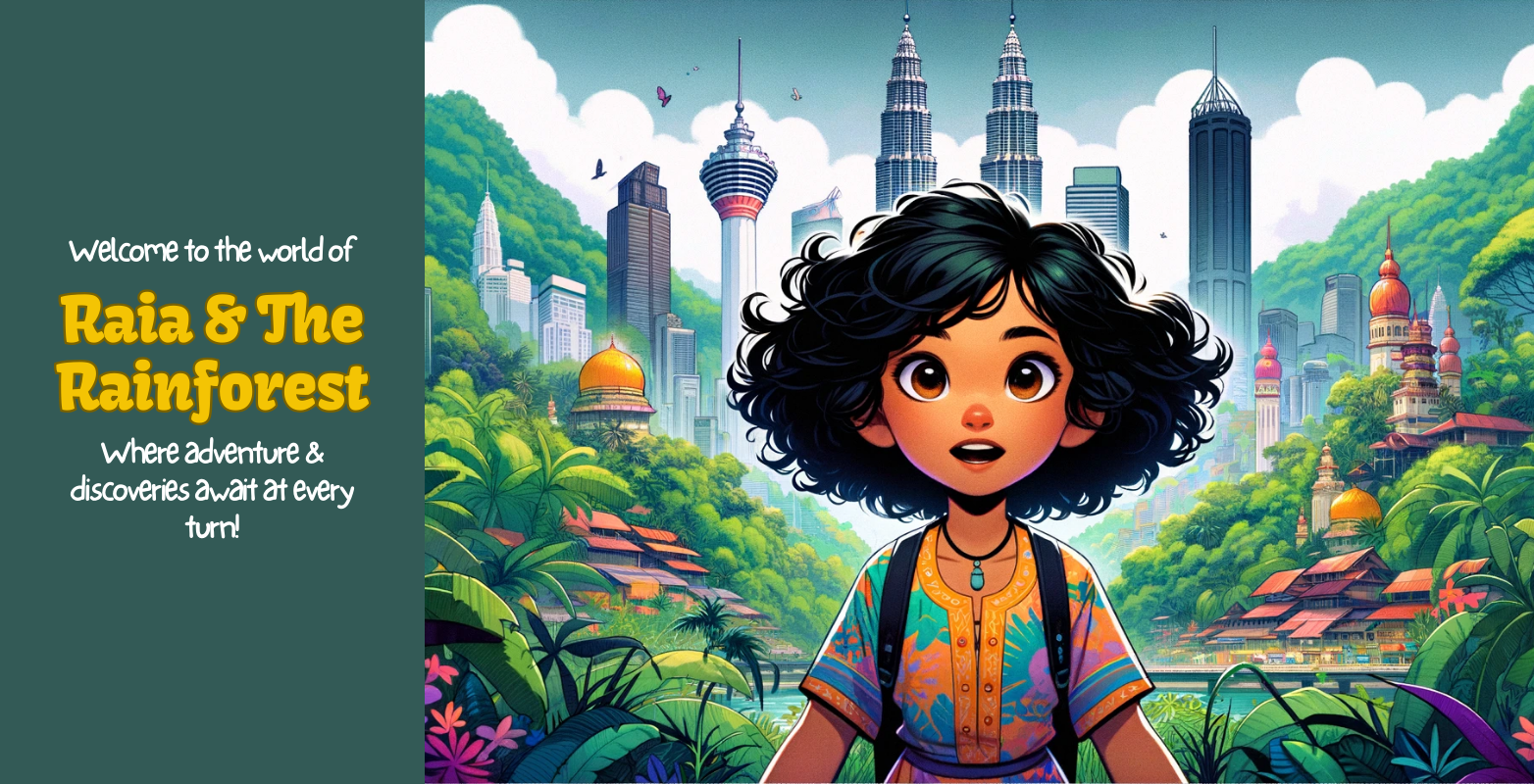 Image of Raia against a backdrop of a rainforest with the KL city skyline in the distance