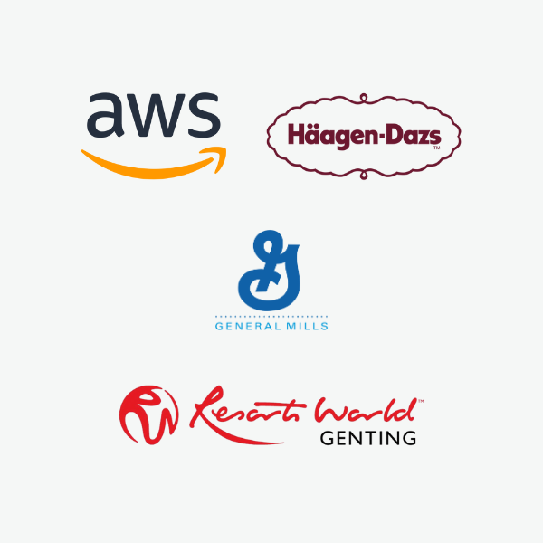 Logos of AWS, Häagen-Dazs, General Mills, and Resorts World Genting.