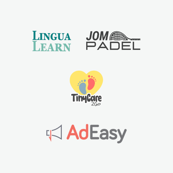 Logos of Lingua Learn, Jom Padel, TinyCare2Go, and AdEasy.